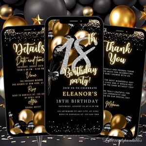 Modèle numérique d'invitation 18e anniversaire noir, invitation électronique fête 18e anniversaire, texte néon or Evite, invitation numérique paillettes, fête d'anniversaire