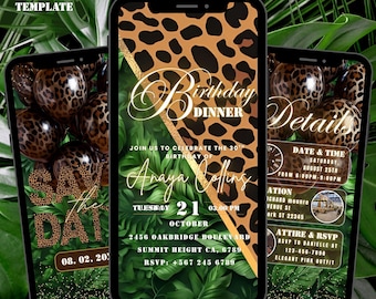 Modèle d'invitation de fête d'anniversaire imprimé guépard, invitation numérique pour le brunch de la jungle, thème imprimé léopard femme anniversaire invitation téléchargement immédiat