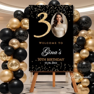 30Th PHOTO Birthday Welcome Sign Template Welcome Poster Black Glittery Thirtieth Signage Editable Welcome Signage decor Digital Download