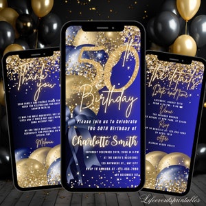 50esimo invito alla festa di compleanno in oro blu navy digitale, cinquantesimo palloncino elettronico blu navy oro messaggio di testo telefonico Evite, modello modificabile