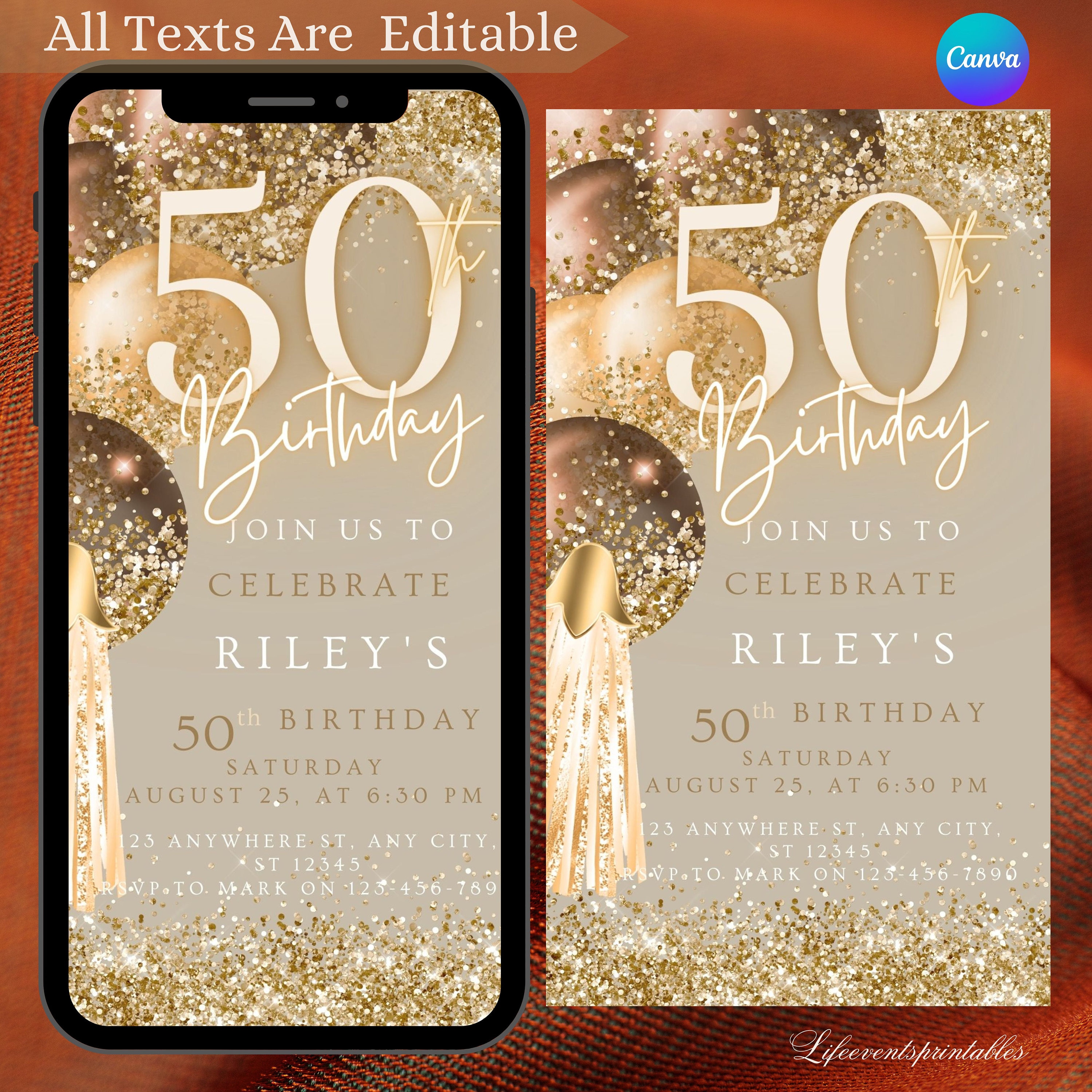 Digital 50th Birthday Invitation for Women, Editable 50th Invite Evite
