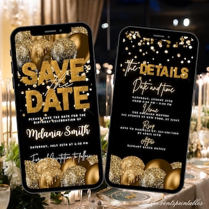 Digitale uitnodigingssjabloon voor 'Save The Date' goud, elektronische ballonnen verjaardag Save The Date, bewerkbare verjaardag Evite Instant Download