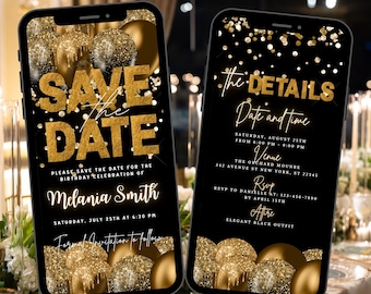 Plantilla de invitación digital para guardar la fecha dorada, globos electrónicos para guardar la fecha de cumpleaños, descarga instantánea editable de Evite para cumpleaños