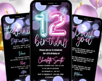 Digital 12th Birthday Invitation Template For Girls Neon Twelfth Birthday Invite Editable Text Birthday Ecard Instant Download