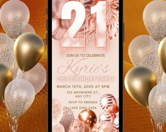 Digital Twenty One 21st Birthday Invitation Template 21th Electronic Birthday Invite Rose Gold Birthday Invitation, Editable Text Message