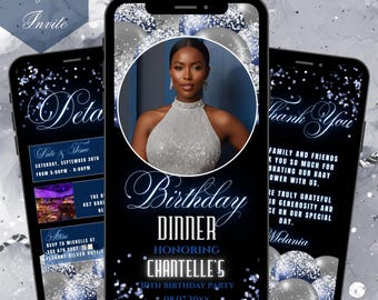 Digital Birthday Invitation Template Blue, Silver Balloon Birthday Dinner Invite Editable Text Message Video Ecard Instant Download