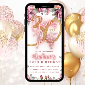 Digital 30th Birthday Invitation Template Women Floral, 30th Blush Pink Birthday Brunch Dinner ecard, Thirtieth Editable Digital Download
