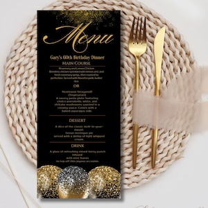 Geburtstagsparty-Menüvorlage, Menükarte zum Ausdrucken, Geburtstagsmenü, Menükarte Gold zum Ausdrucken