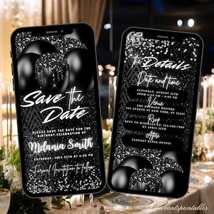 Digital Save The Date Einladungsvorlage Schwarz, Silber Elektronische Luftballons Geburtstag Save The Date, bearbeitbarer Geburtstag Evite Instant Download