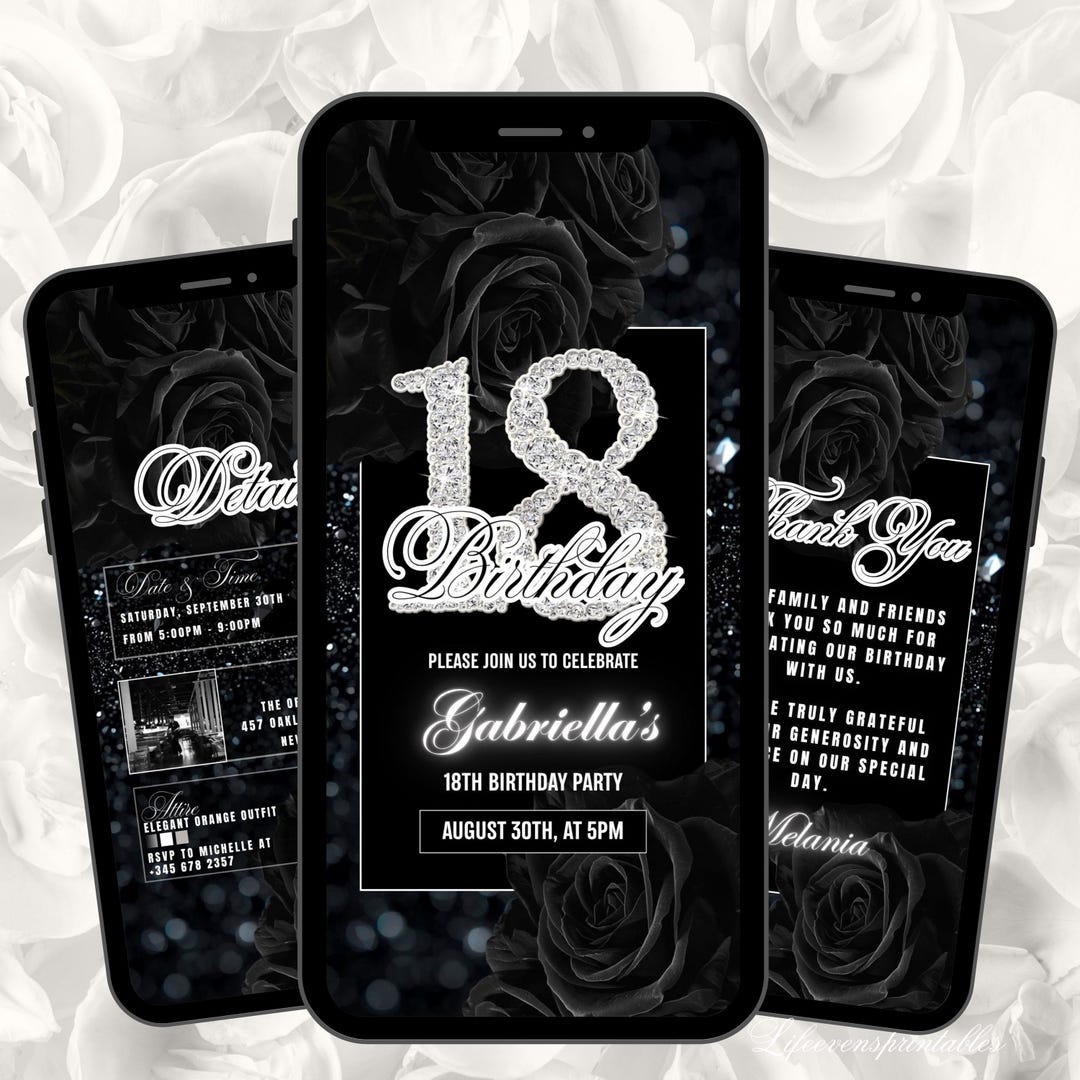 18th Roses Design 18TH Floral Birthday Invitation Template Black, Eighteenth Roses ...