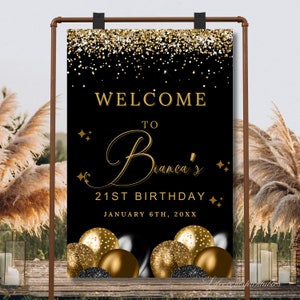 Sinal de boas-vindas de aniversário de qualquer idade, cartaz de boas-vindas preto e dourado, brilho instantâneo, download digital editável, decoração de sinalização de boas-vindas