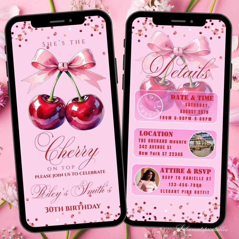 Puede incluir: Dos smartphones muestran una invitaci&oacute;n de cumplea&ntilde;os rosa. La invitaci&oacute;n presenta cerezas de acuarela, un lazo rosa y el texto "She's the Cherry on Top". Los detalles incluyen fecha, hora, lugar e informaci&oacute;n de RSVP.