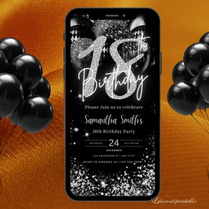 Modello di invito digitale per il 18° compleanno, invito elettronico alla festa del 18° compleanno, testo al neon argento nero Evite, invito digitale festa di compleanno glitter