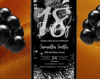 Digital 18th Birthday Invitation Template, Electronic 18th Party Invite, Black Silver Neon Text Evite, Digital Invite Glitter Birthday Party