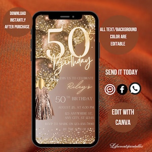 Puede incluir: Una invitaci&oacute;n digital para una fiesta de cumplea&ntilde;os n&uacute;mero 50 con un esquema de color dorado y marr&oacute;n. La invitaci&oacute;n presenta un gran n&uacute;mero 50 con brillo y una borla. El texto dice "&Uacute;nete a nosotros para celebrar el 50 cumplea&ntilde;os de Riley, el 25 de agosto a las 6:30 PM, 123 Anywhere St., Any City, ST 12345. RSVP para marcar el 123-456-7890 antes del 12 de julio."