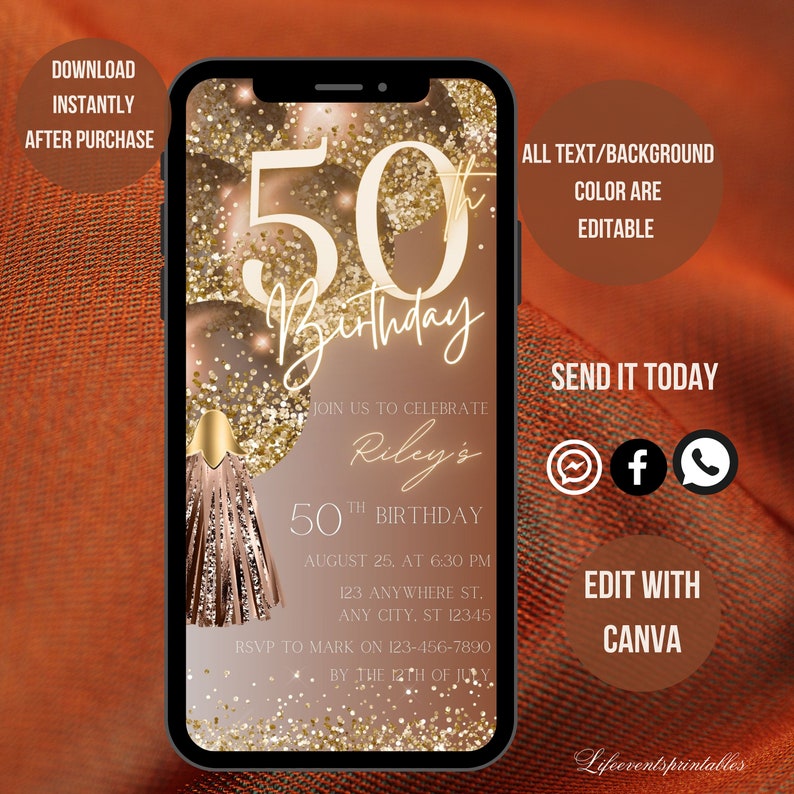 Puede incluir: Una invitaci&oacute;n digital para una fiesta de cumplea&ntilde;os n&uacute;mero 50 con un esquema de color dorado y marr&oacute;n. La invitaci&oacute;n presenta un gran n&uacute;mero 50 con brillo y una borla. El texto dice "&Uacute;nete a nosotros para celebrar el 50 cumplea&ntilde;os de Riley, el 25 de agosto a las 6:30 PM, 123 Anywhere St., Any City, ST 12345. RSVP para marcar el 123-456-7890 antes del 12 de julio."