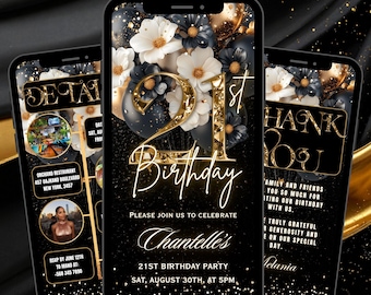 21ST Digital Birthday Invitation Template Black, Floral Twentyone Dinner Invite Gold Balloon,  Editable Text Message Evite Download