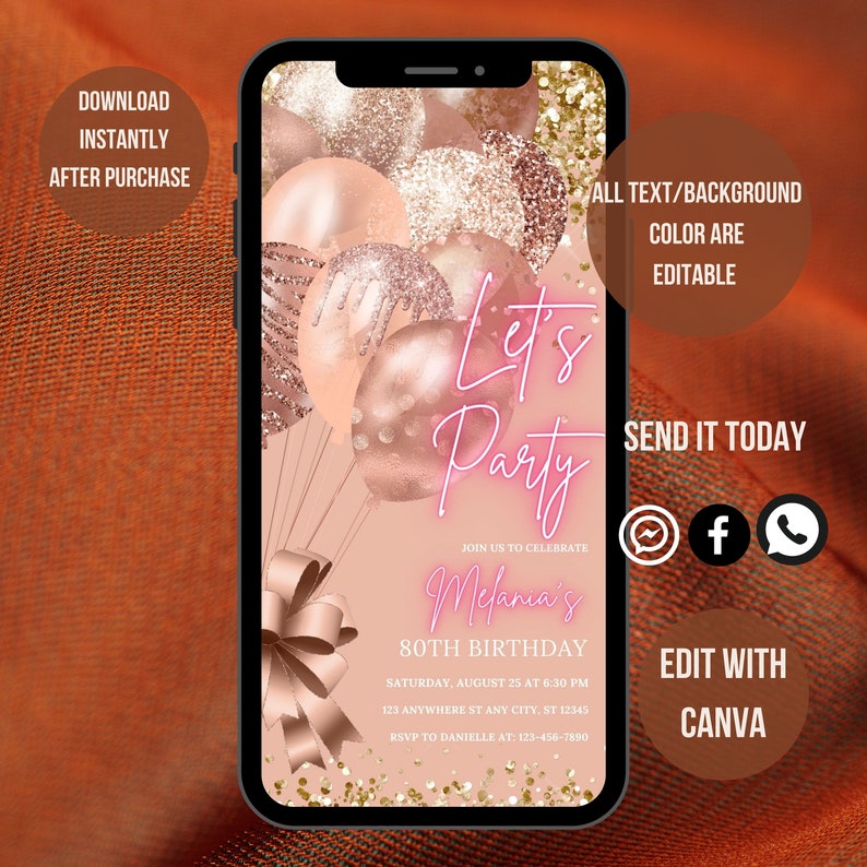 May include: A digital invitation for a birthday party with a pink and gold theme. The invitation features a phone screen with a background of balloons and confetti. The text on the invitation reads "Let's Party" and "Melania's 80th Birthday".