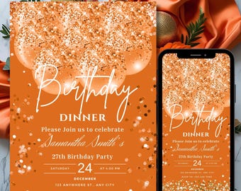 Orange Birthday Invitation Template Gold Balloon Invite Printable Digital Editable Text Message Birthday dinner Ecard Instant Download