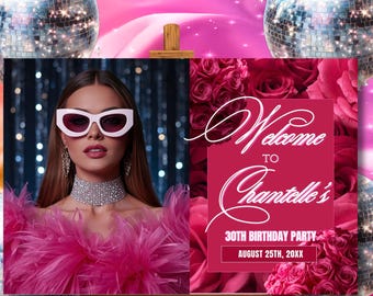 Floral Birthday Welcome Sign Welcome Poster Hot Pink Roses, Photo Editable Digital Entrance Signage decor Instant Download ANY AGE