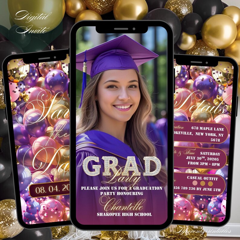 Purple Graduation Invitation, Digital Class of 2025 Grad Announcement ...