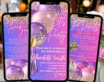 Digital Birthday Party Invitation Template Electronic Purple Glitter Editable Any Age Evite Instant download Animated Phone Birthday Evite