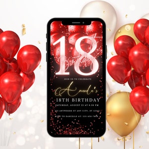 Digital RED 18th Birthday Invitation Template, Electronic 18th Party Invite, RED Gold Birthday Party Neon Text Evite, Digital Invite Glitter