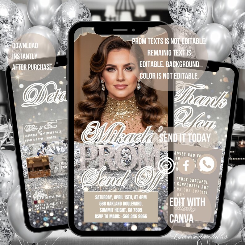 Prom Sign Phone Editable Prom Send off Invitation Template Silver, Digital Glittery ...