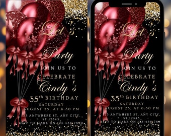 Digital Black Red Birthday Party Invitation, Red Silver Glitter Balloons, Mobile Phone Invitation, Editable Template, Instant Download