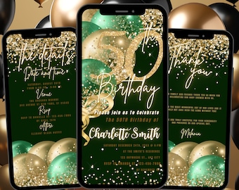 50TH Green Gold Birthday Invitation Template Animated, 50Th Birthday Invite, E-vite Neon Glittery Text Birthday Digital Mobile Phone Evite