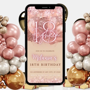 Modèle d'invitation numérique 18e anniversaire, invitation électronique fête 18e anniversaire, texte néon or rose Evite, invitation numérique paillettes, fête d'anniversaire