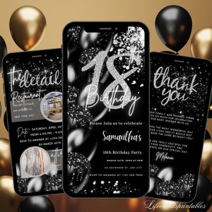 Digital 18th Birthday Invitation Template, Electronic 18th Party Invite, Black Silver Neon Text Evite, Digital Invite Glitter Birthday Party