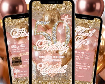 50TH Balloon Birthday Invitation Template Blush, Gold Digital Fiftieth Dinner Party Invite Editable Text Message Ecard