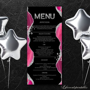 May include: A black and pink menu template with silver glitter accents. The menu features appetizers, main courses, desserts, and drinks. The text on the menu includes "MENU", "APPETIZER", "MAIN COURSE", "DESSERT", and "DRINK".
