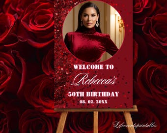 ANY AGE Photo Birthday Welcome Sign Birthday Template RED Glitter Sparkle Welcome Poster Editable Welcome Signage decor Digital Download