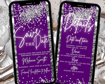 Digital Save The Date Invitation Silver, Electronic Purple Birthday Save The Date Template, Editable Birthday Evite Instant Download