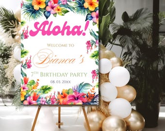 Redigerbar Aloha-födelsedagsvälkomstskyltmall, tropisk ananas hawaiiansk affisch, utskrivbar Aloha-entréskyltdekor, direktnedladdning