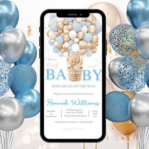 Modelli di invito digitale per baby shower per bambini, invito elettronico per baby shower con orsetto, invito per festa di baby shower con palloncino, download immediato