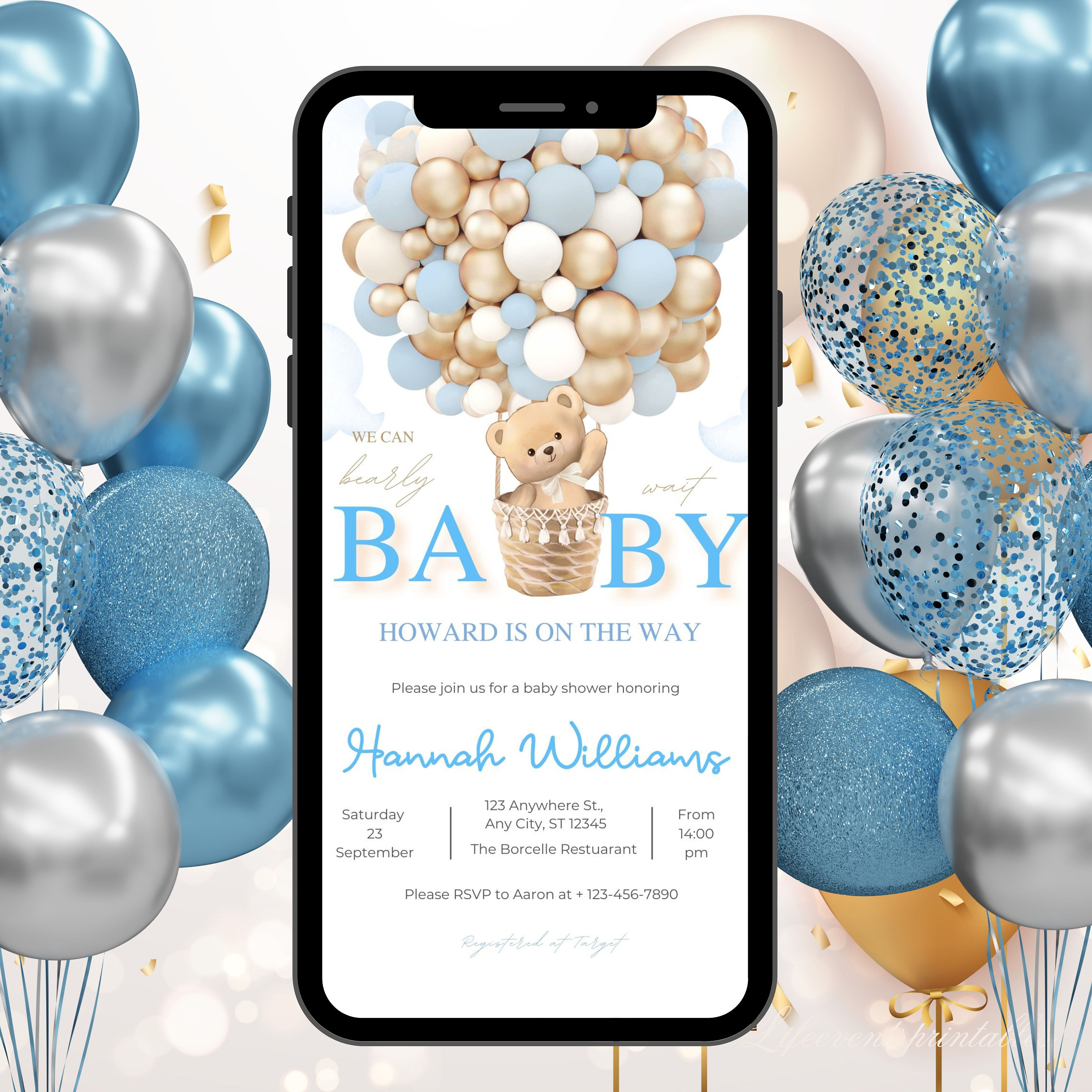 Digital Boy Baby Shower Invitation Templates, Electronic Bear Baby Shower Evite, Balloon Baby Shower Party Invitation, Instant Download