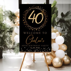 Willkommensschild-Vorlage zum 40. Geburtstag, Willkommensposter, schwarz, glitzernd, vierzigste Beschilderung, editierbares Willkommensschild-Dekor, sofortiger digitaler Download