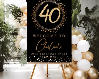 40Th Birthday Welcome Sign Template Welcome Poster Black Glittery Fortieth Signage Editable Welcome Signage decor Instant Digital Download