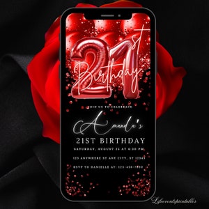 Modèle numérique d'invitation pour 21 ans, 21e anniversaire, rouge, invitation électronique pour 21e anniversaire, invitation d'anniversaire rouge, message texte modifiable