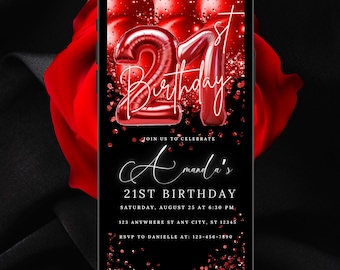 Digital Twenty One 21st Birthday Invitation Template Red 21th Electronic Birthday Invite Red Birthday Invitation, Editable Text Message