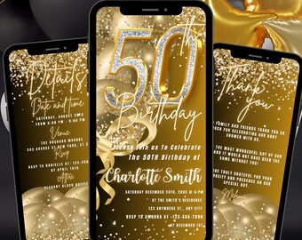 50TH Gold Birthday Invitation Template Animated,50TH Birthday Invite, E-vite Fiftieth Neon Glittery Birthday Digital Mobile Phone Evite