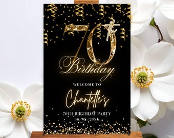 Mall för välkomstskylt för 70-årsdag, svart glittrig skylt för sjuttioårsdag, redigerbar välkomstskyltdekor, digital nedladdning direkt
