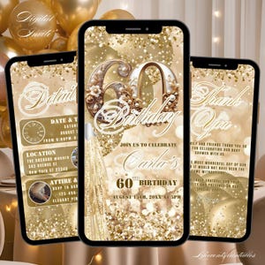 60TH Digital Birthday Invitation Template Gold, Sixtieth Dinner Party E-Invite Editable Glitter Text Message Invite Mobile Phone Evite