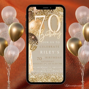 Modelo digital de convite de aniversário de 70 anos, convite de aniversário em ouro marrom, texto brilhante neon, telefone celular digital de aniversário, evite