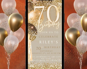 Plantilla de invitación de cumpleaños número 70 digital, Invitación de cumpleaños de oro marrón número 70, Teléfono móvil digital de cumpleaños con texto brillante de neón Evite