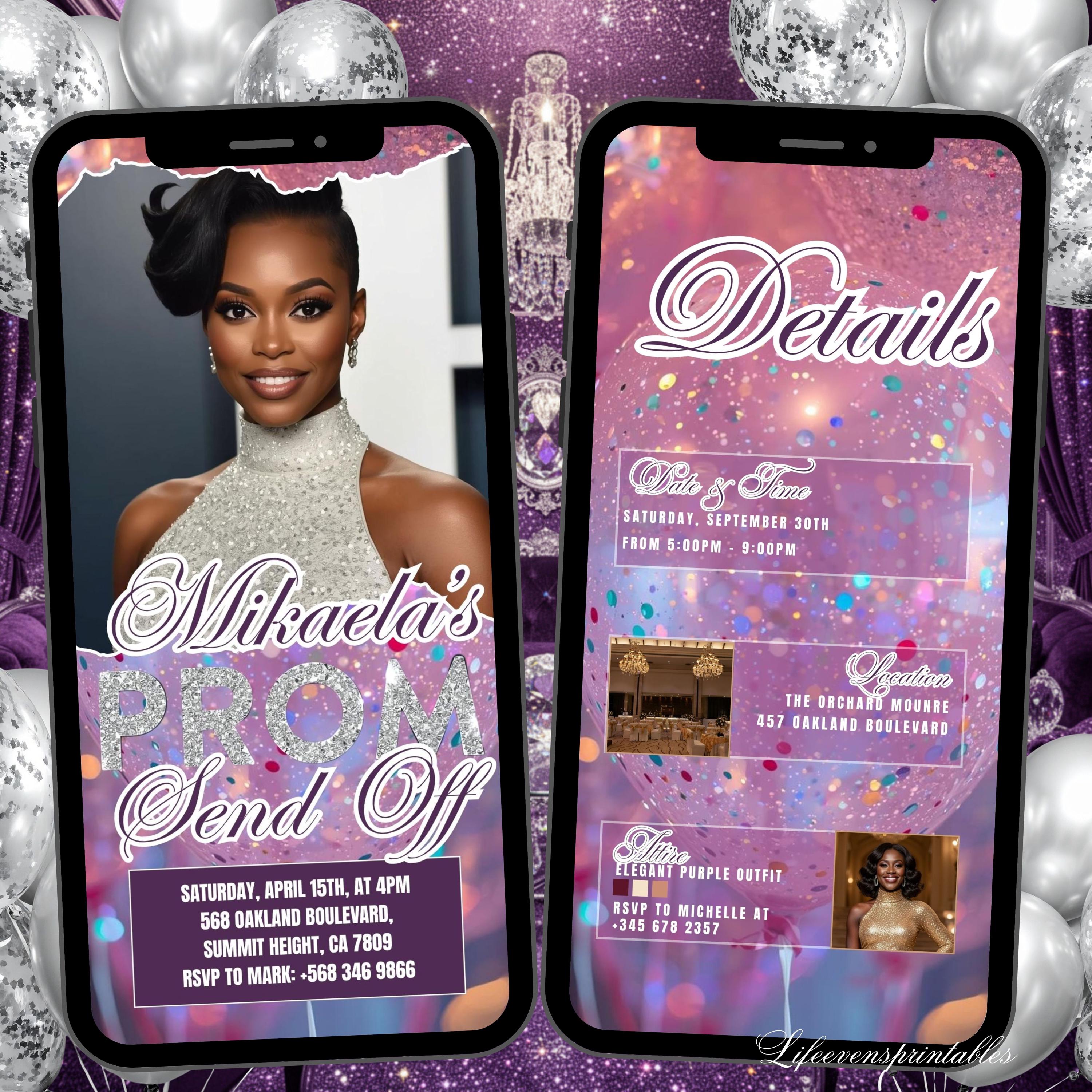 Editable Prom Send off Invitation Template Purple, Digital Silver Photo ...