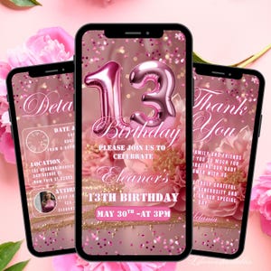 Modèle d'invitation pour 13e anniversaire rose, animation numérique 13e fête d'invitation 13e invitation florale modifiable Invitation vidéo de fête d'adolescents